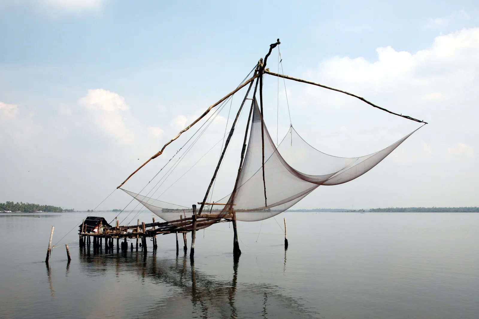 A Chinese fishing net poised over calm backwater near Kochi