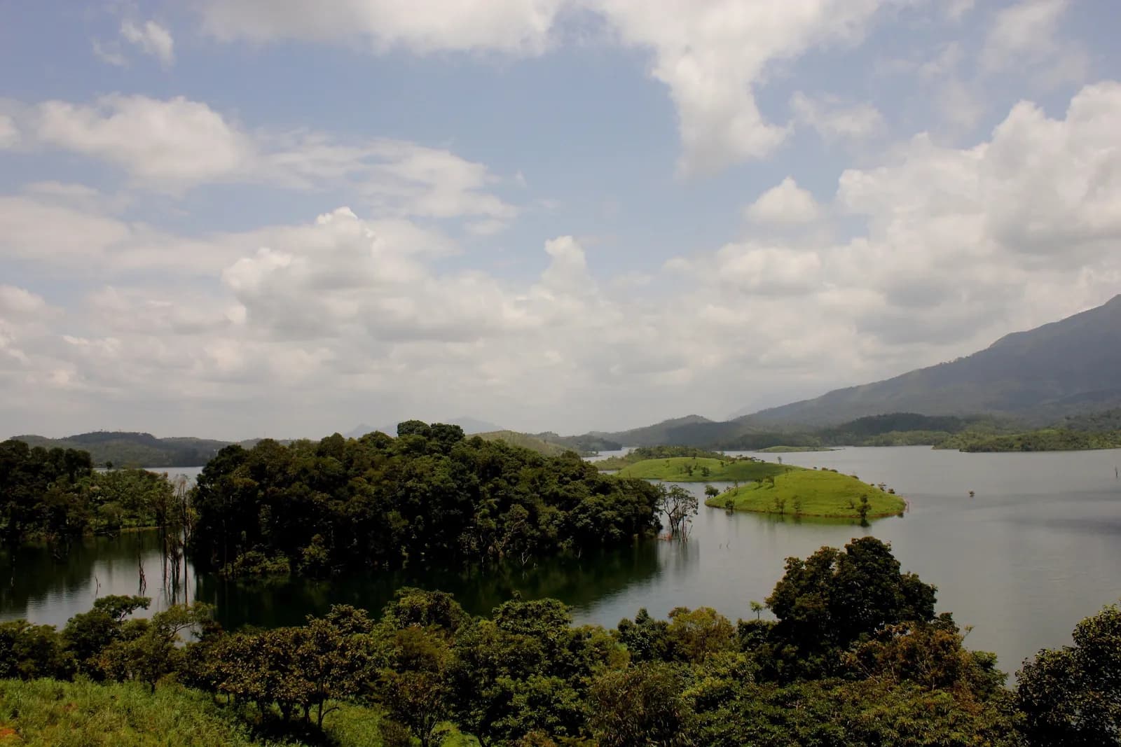 Forested islands and grassy islets dotting Banasura Sagar reservoir beneath the hills of Wayanad