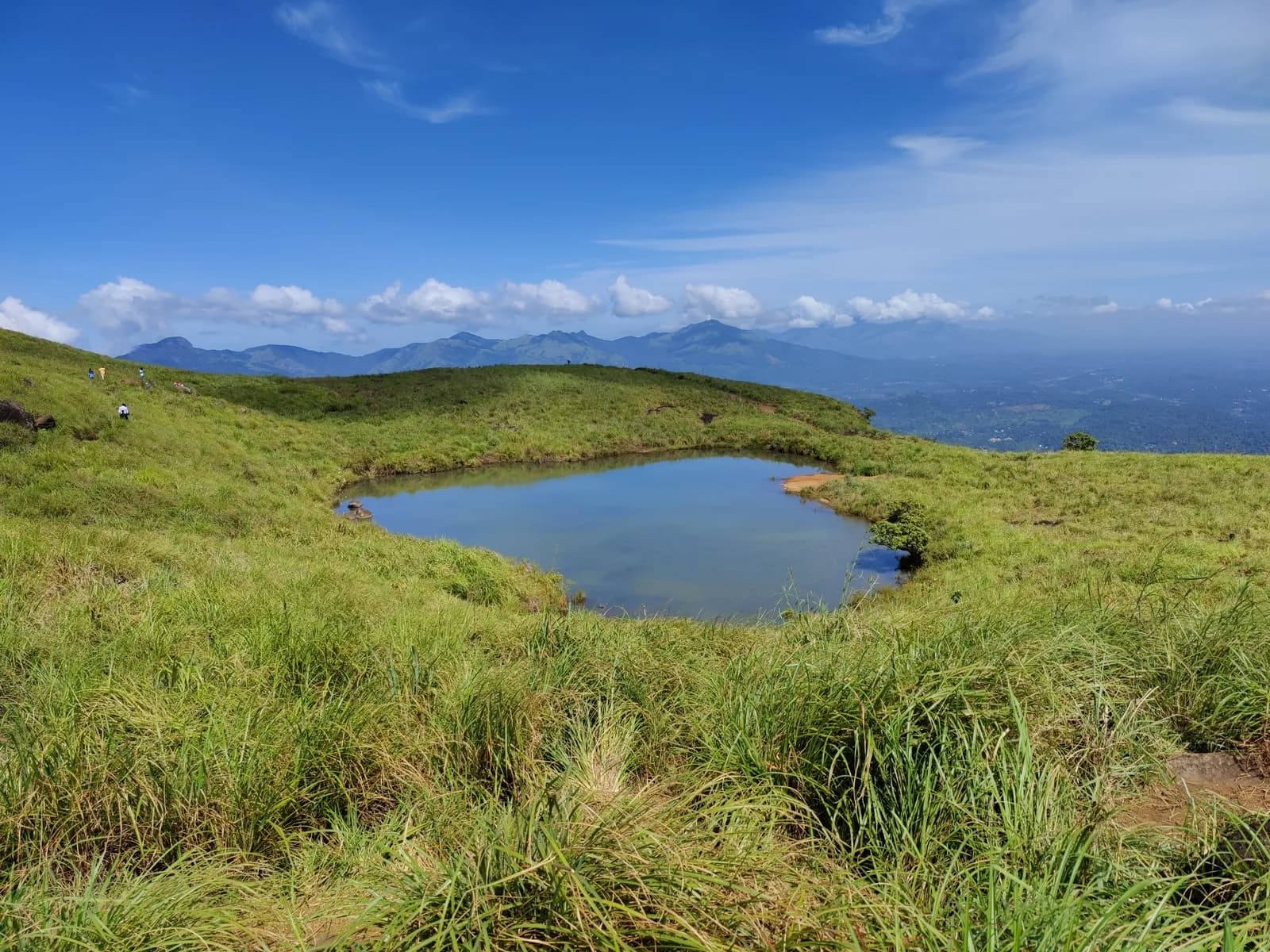 Heart-shaped lake on the grassy slopes of Chembra Peak, Wayanad